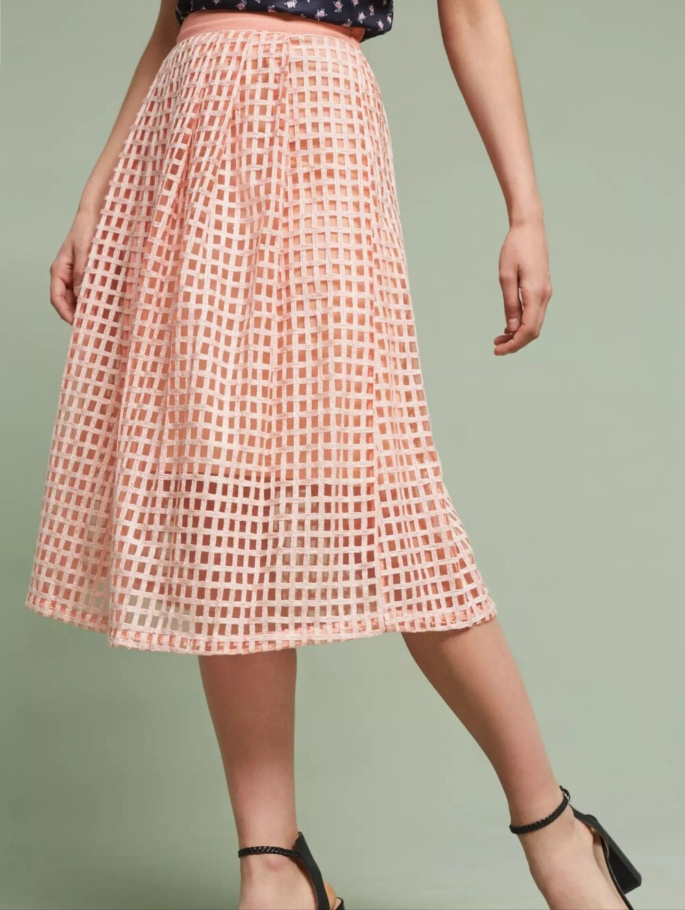 Anthropologie Bl-nk Graphique Pink Peach Mesh Grid Pleated Midi Skirt Medium